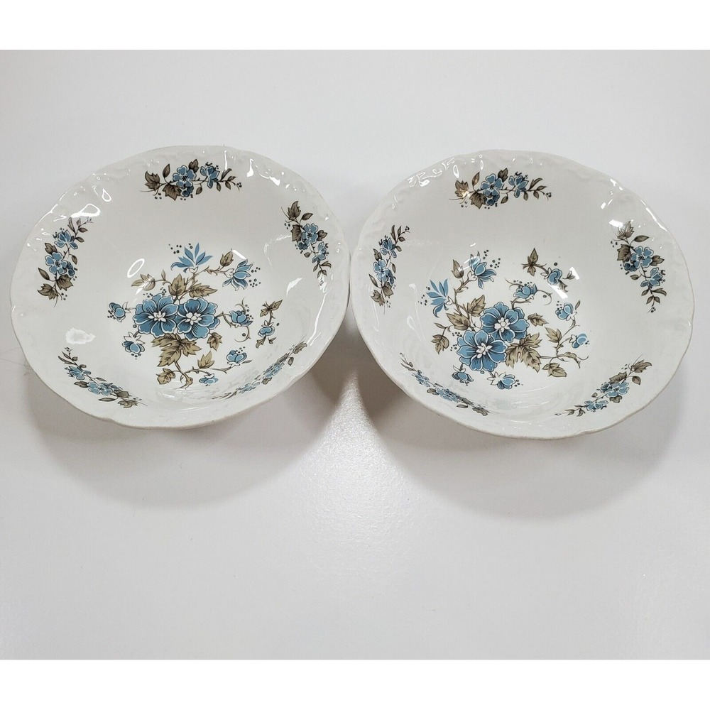 Vtg Staffordshire England Ironstone Blossomtime Blue Floral 2 Soup Cereal Bowls